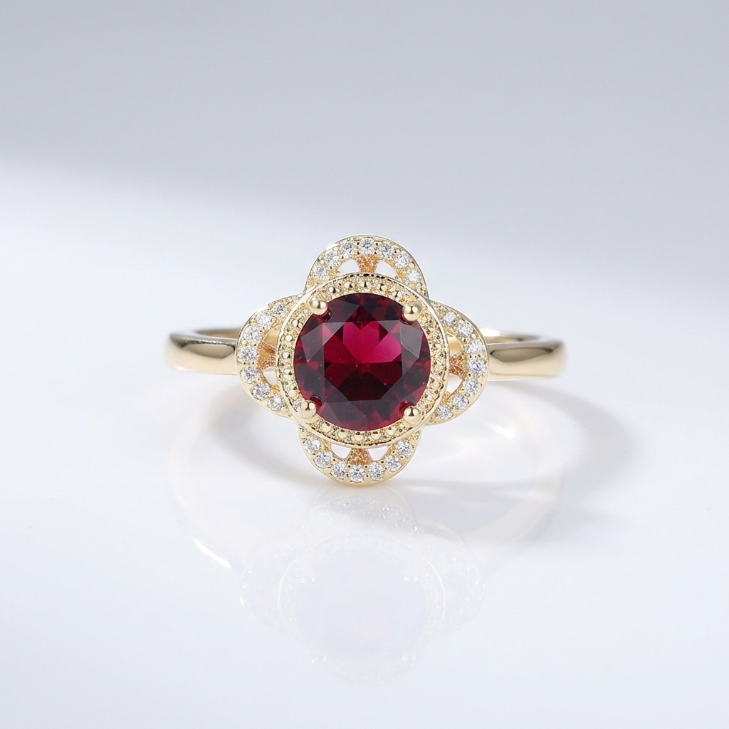 GOLD RUBY DIAMOND HALO RING