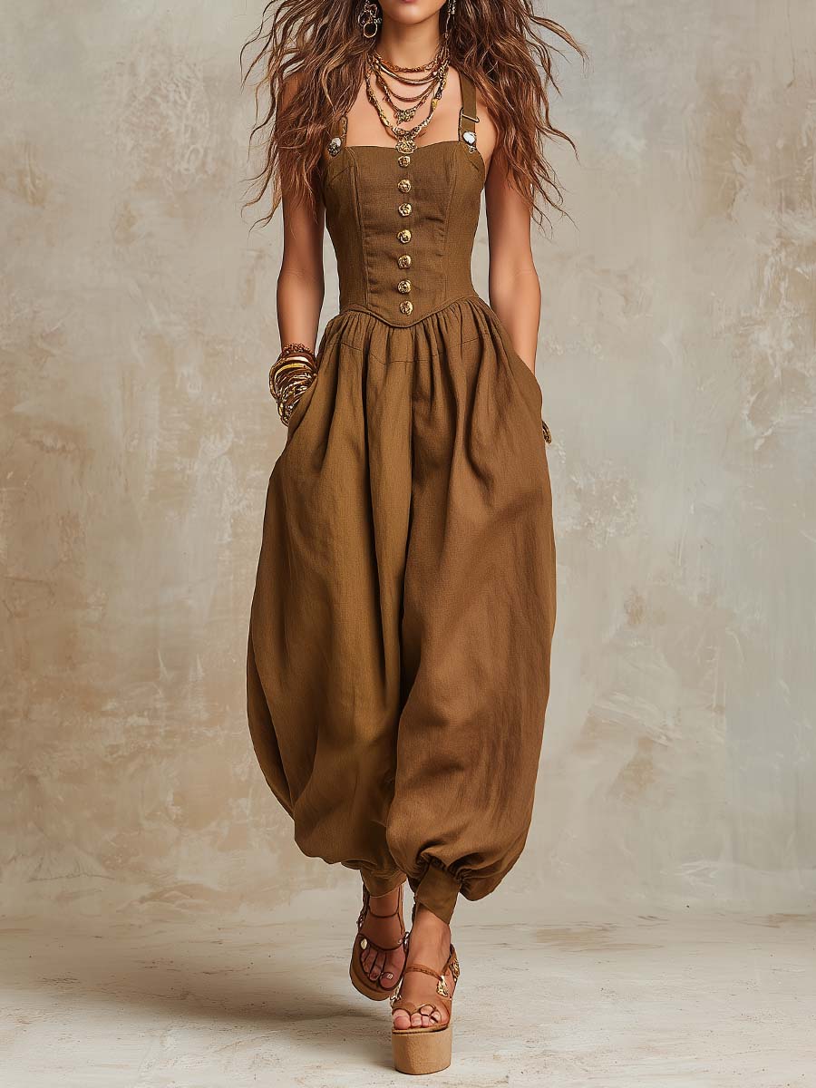 Bohemian Cotton-Linen Corset Balloon-Leg Jumpsuit
