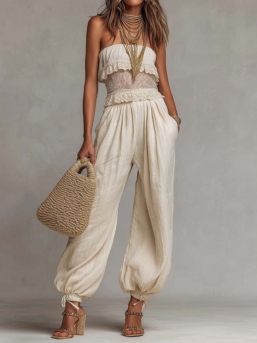 Bohemian Lace & Cotton-Linen Strapless Jumpsuit
