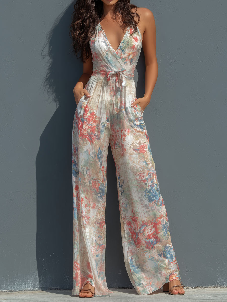 Boho Resort Floral Chiffon Halter Wrap Front Wide-Leg Jumpsuit
