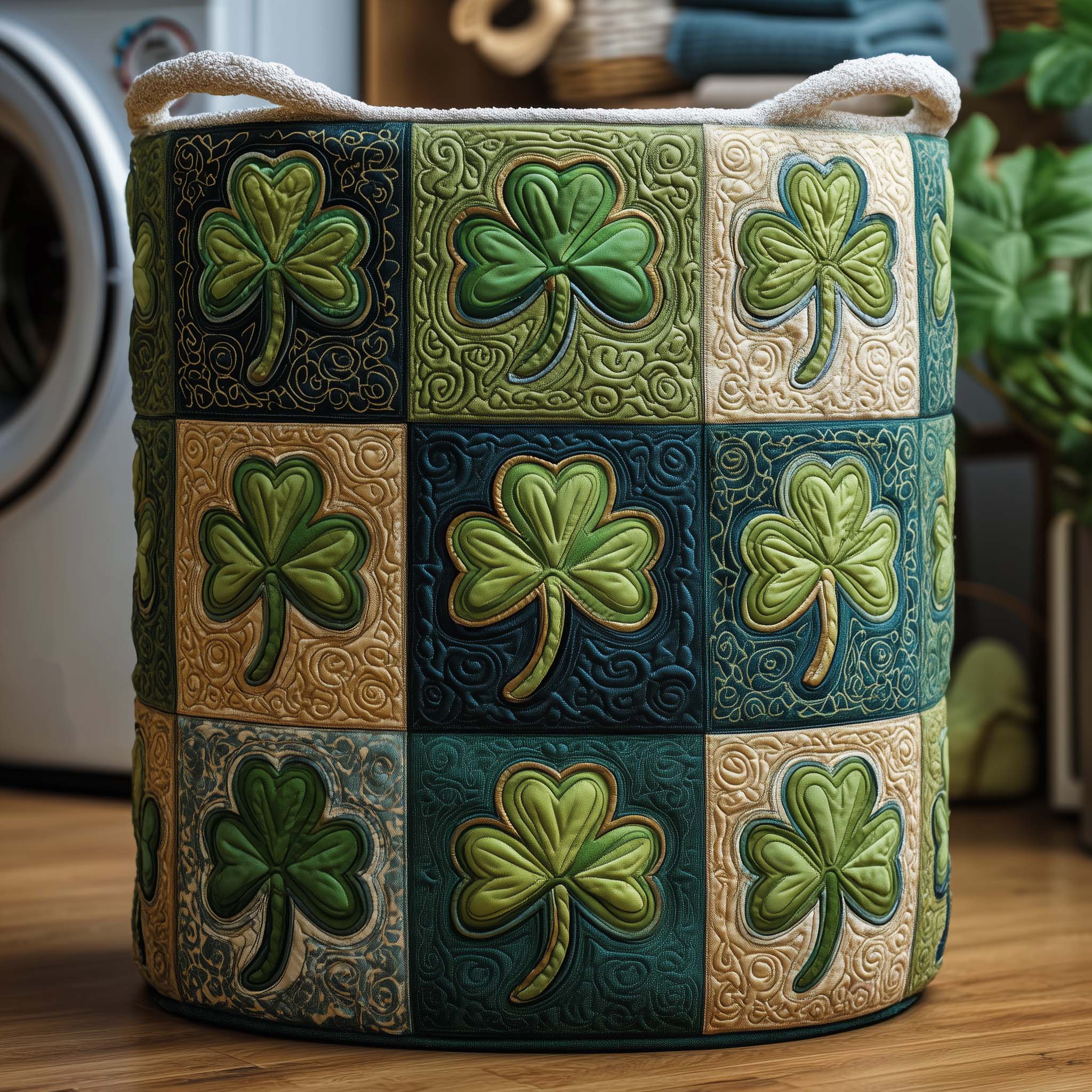 Quilted Laundry Basket Clover Grid