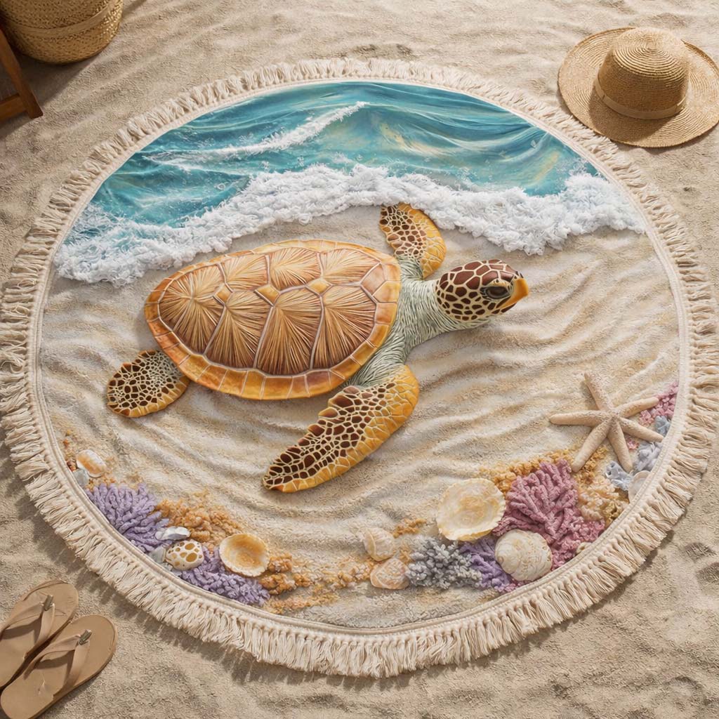 Round Coastal Turtle Beach Towel