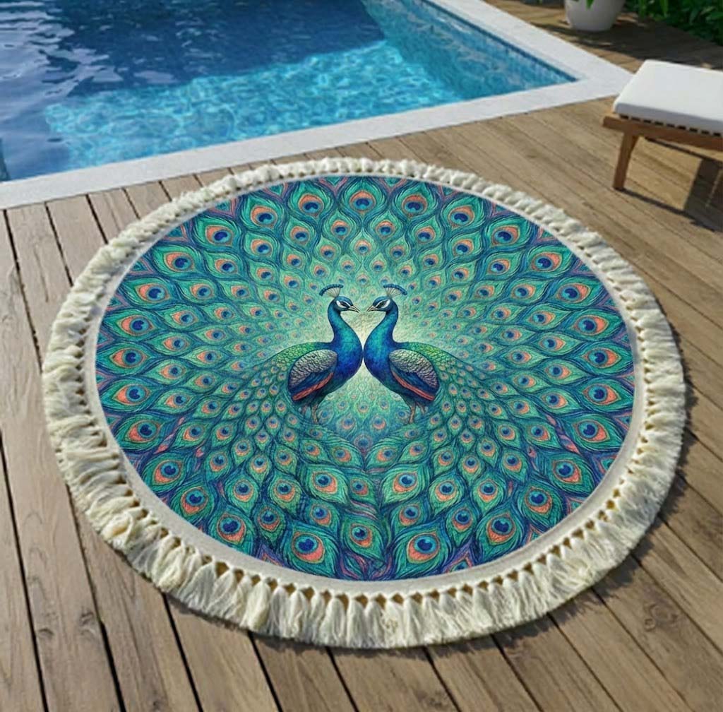 Round Peacock Beach Towel