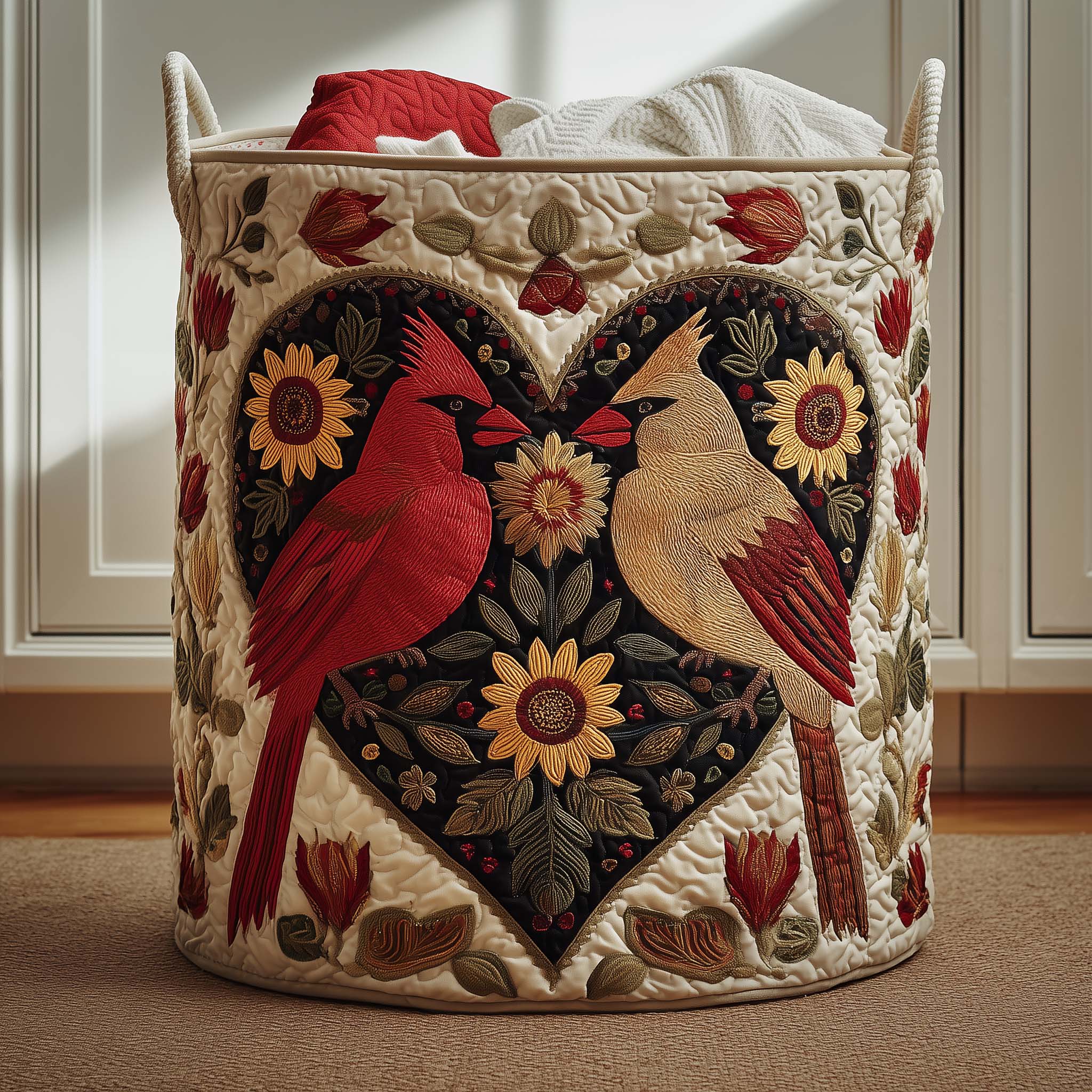 Cardinal Pair Quilted Laundry Basket