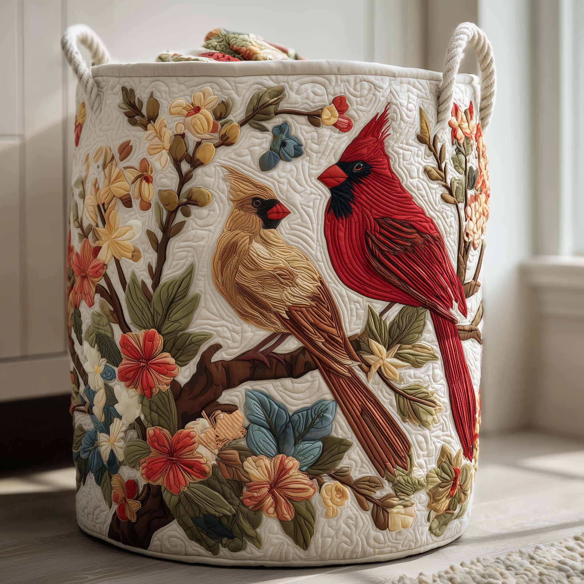 Cardinal Pair Quilted Laundry Basket