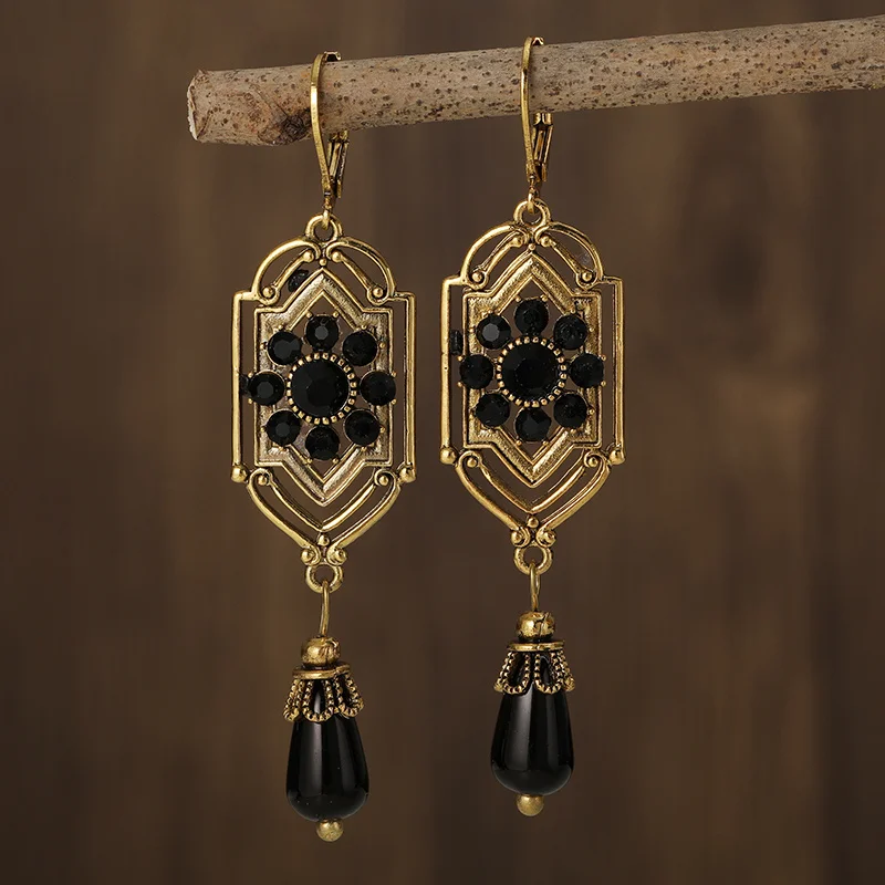 Vintage Earrings with Hanging Black Crystals