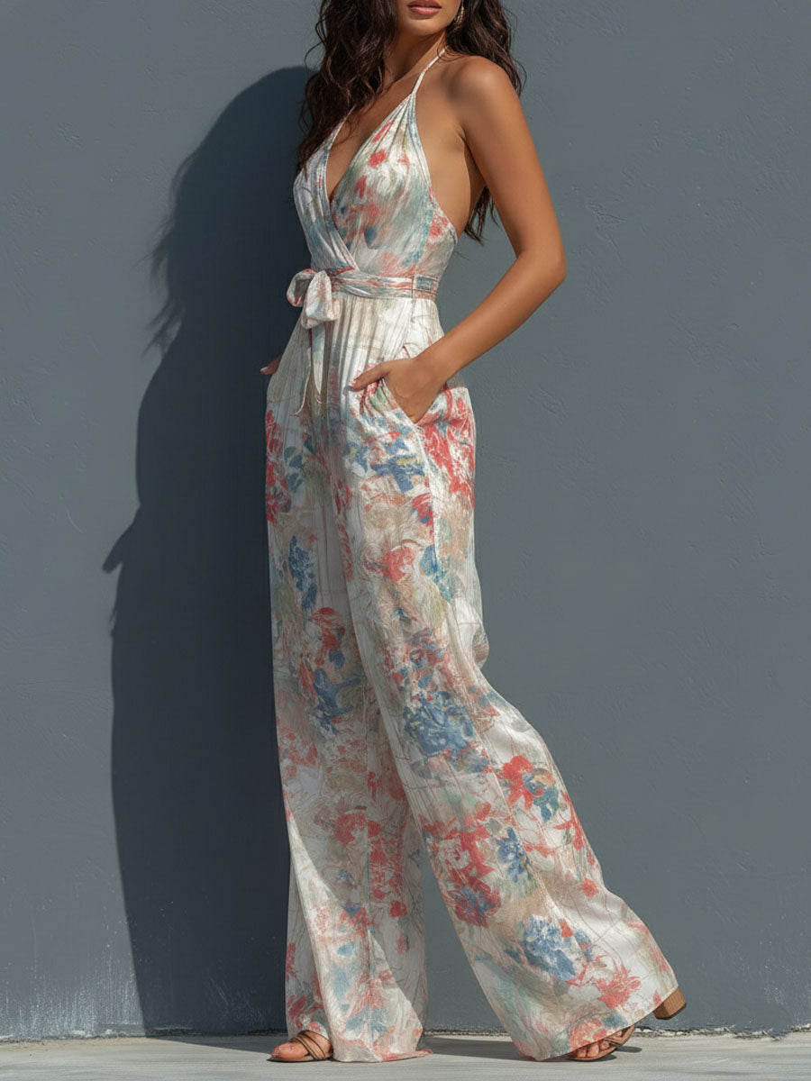 Boho Resort Floral Chiffon Halter Wrap Front Wide-Leg Jumpsuit