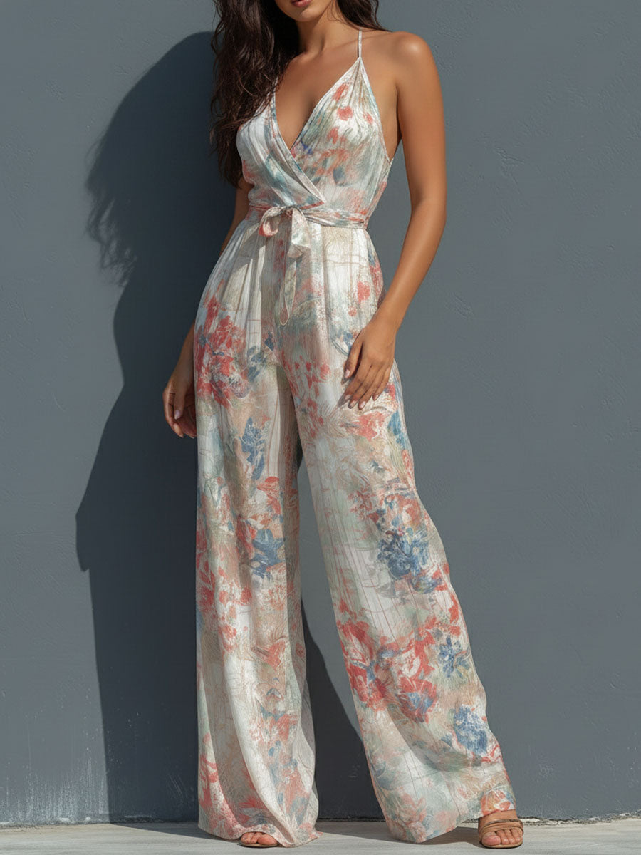 Boho Resort Floral Chiffon Halter Wrap Front Wide-Leg Jumpsuit
