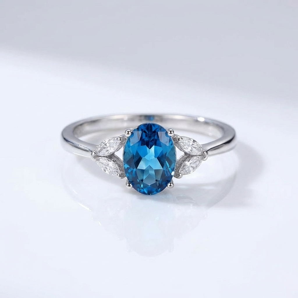 SILVER BLUE TOPAZ OVAL RING - (ADJUSTABLE)
