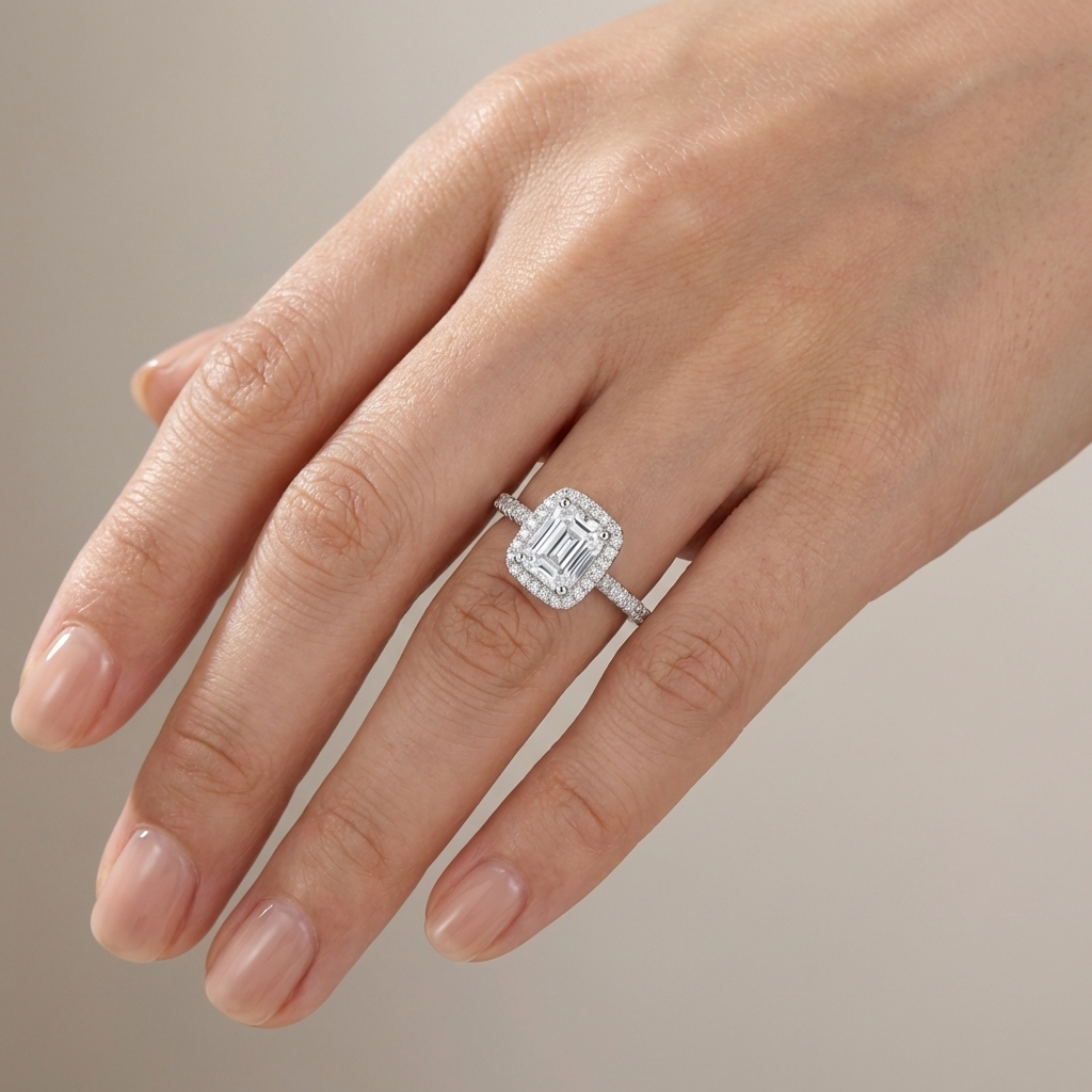 EMERALD CUT ZIRCONIA SILVER HALO RING