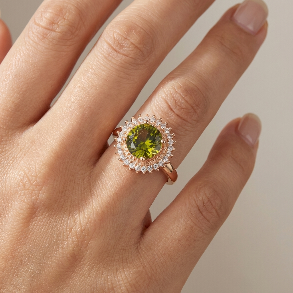 GOLD PERIDOT DIAMOND HALO RING