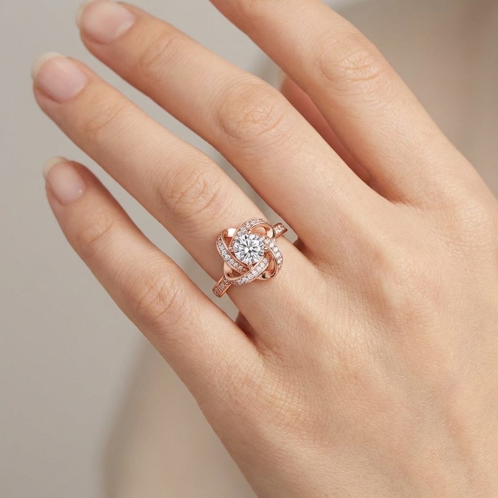 ROSE GOLD ZIRCONIA TWISTED KNOT RING - (ADJUSTABLE)