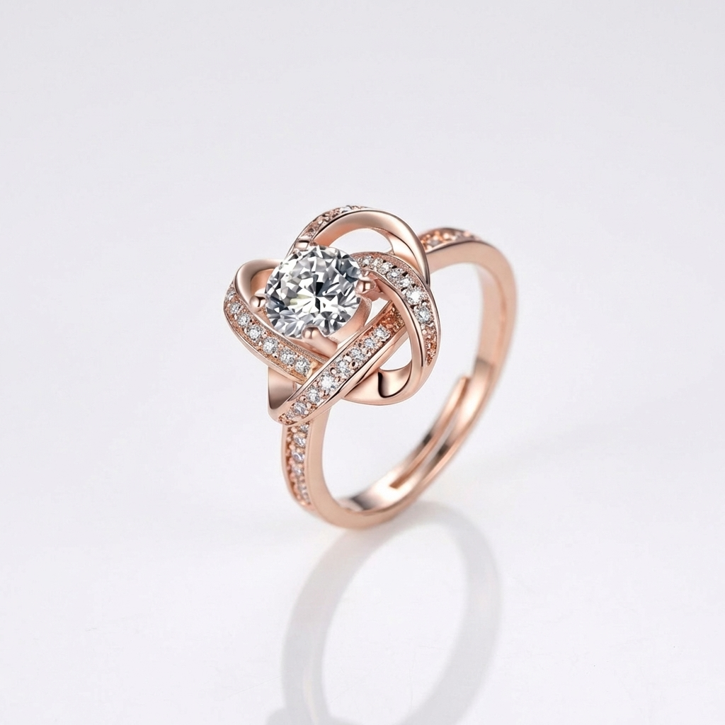 ROSE GOLD ZIRCONIA TWISTED KNOT RING - (ADJUSTABLE)
