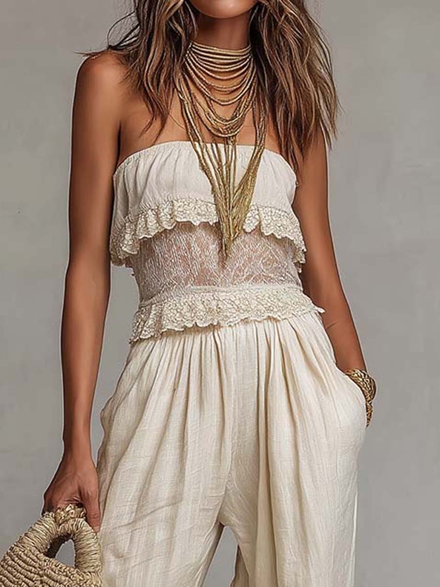 Bohemian Lace & Cotton-Linen Strapless Jumpsuit