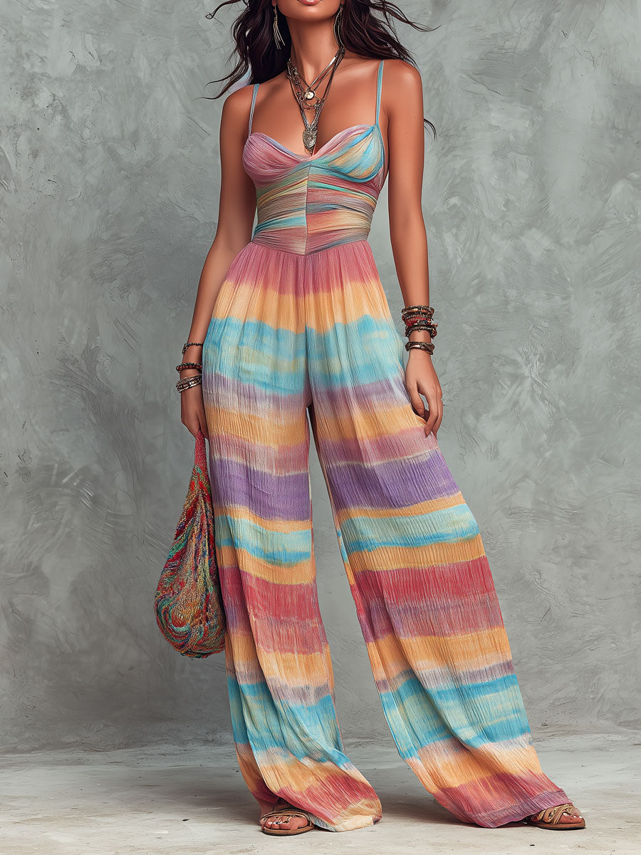 Boho Rainbow Striped Pattern Wide-Leg Jumpsuit