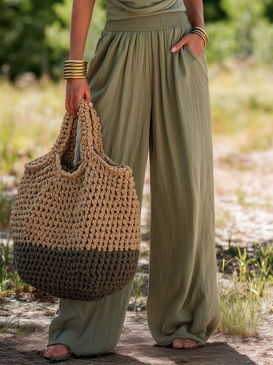 Boho Chic Olive Green Draped Cowl Neck Wide-Leg Jumpsuit