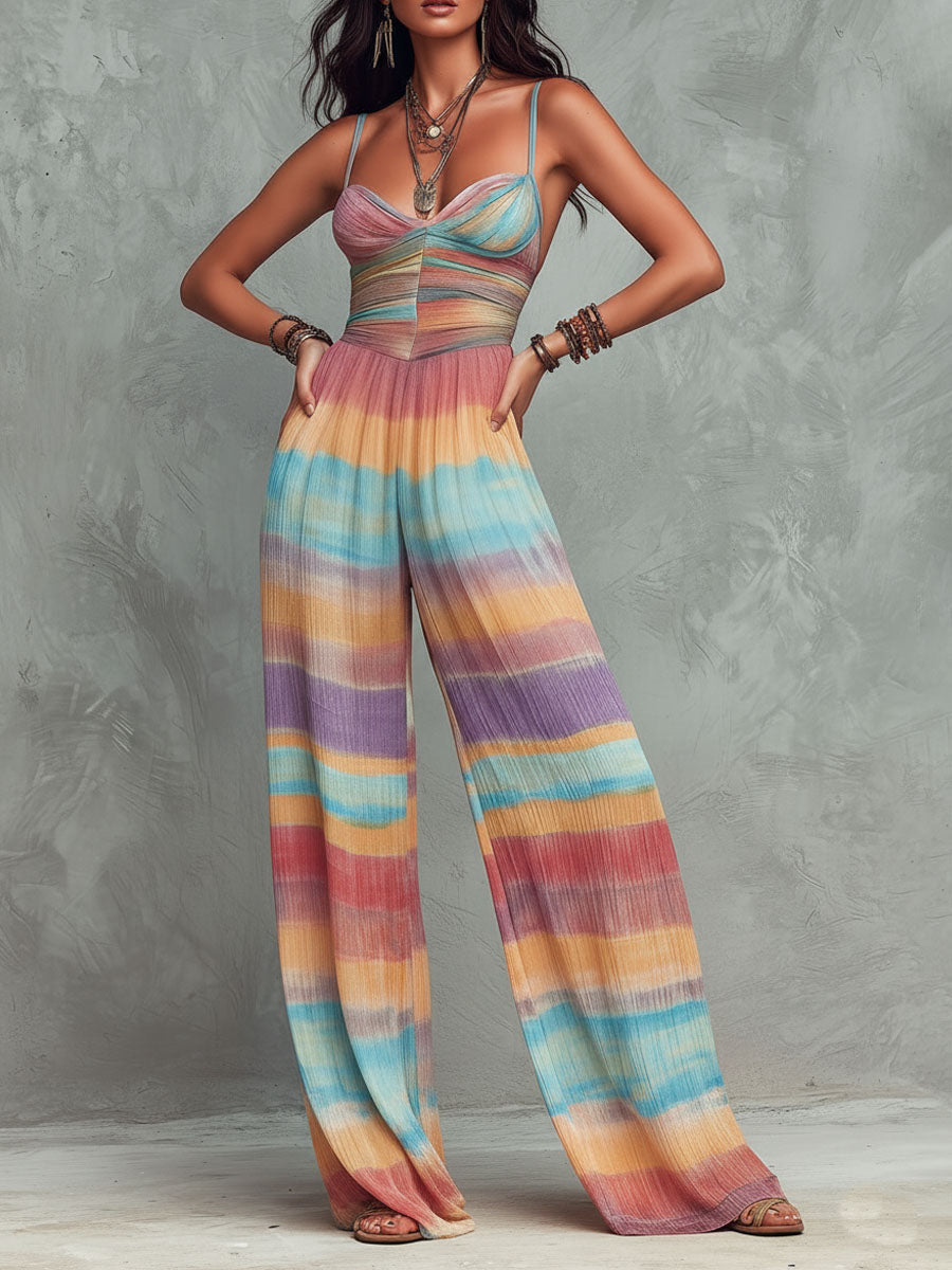 Boho Rainbow Striped Pattern Wide-Leg Jumpsuit