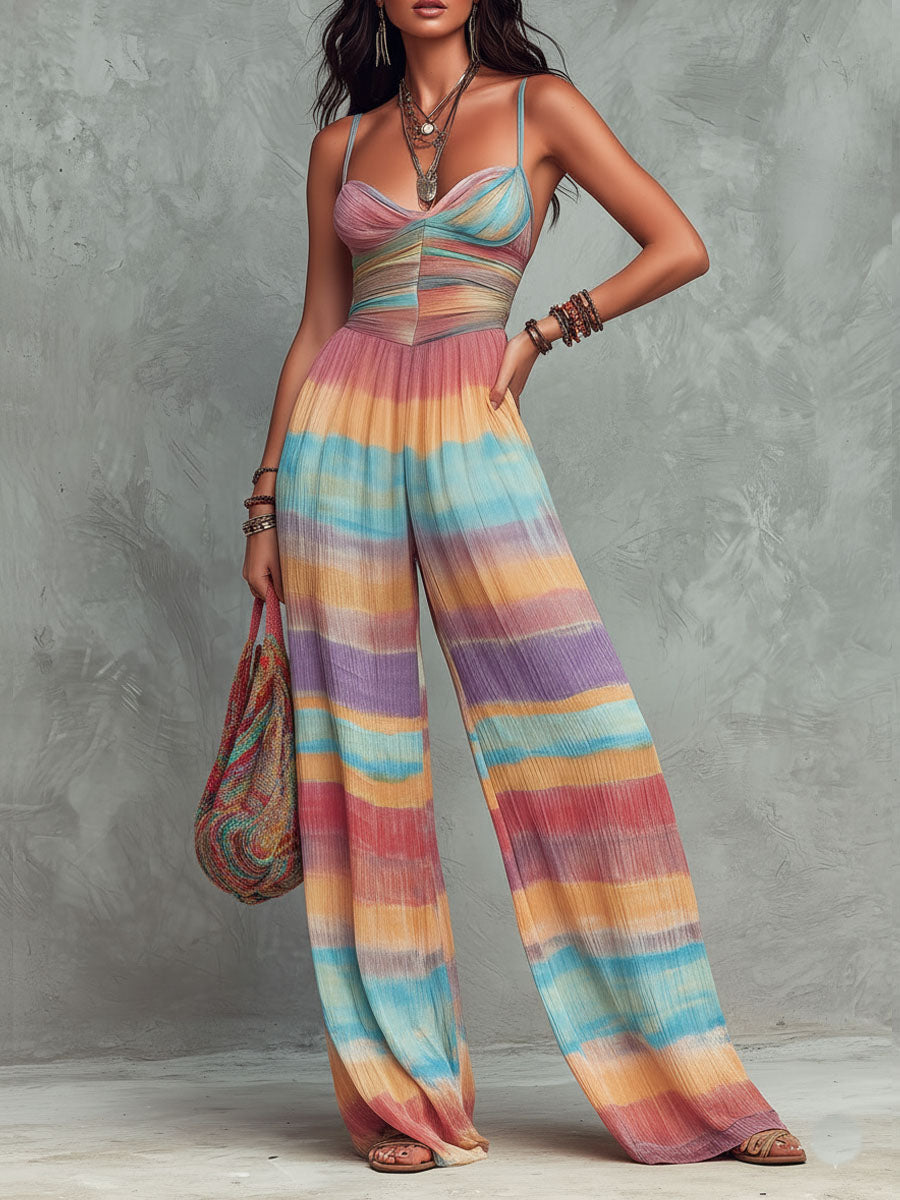 Boho Rainbow Striped Pattern Wide-Leg Jumpsuit