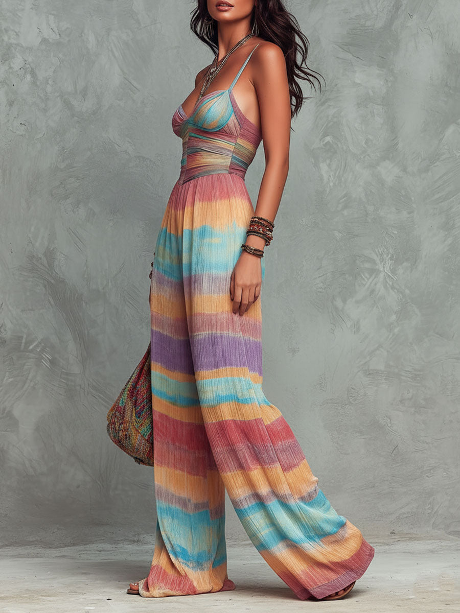 Boho Rainbow Striped Pattern Wide-Leg Jumpsuit