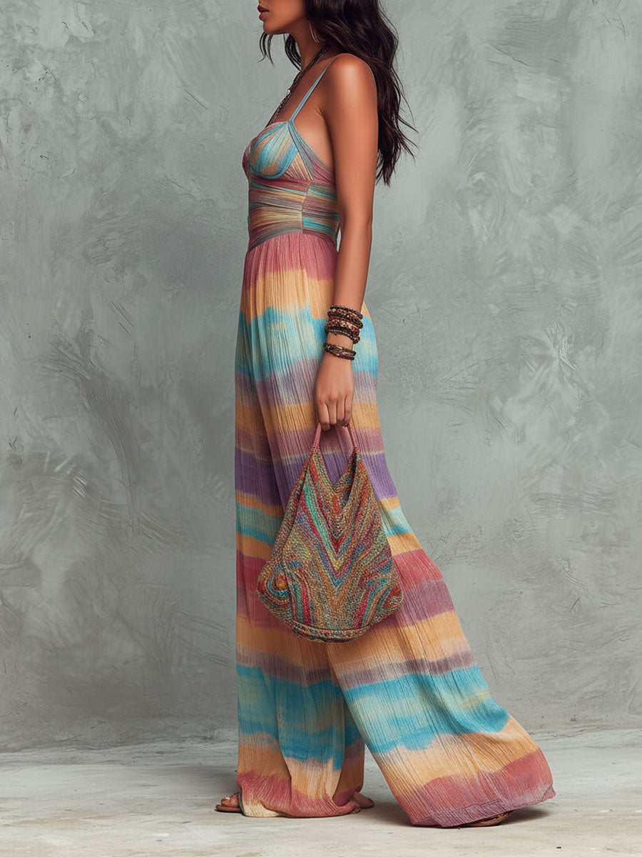 Boho Rainbow Striped Pattern Wide-Leg Jumpsuit