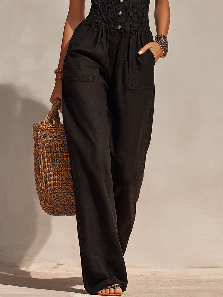 Shirt-Collar Tencel Jumpsuit With Lace Trim And Shirring