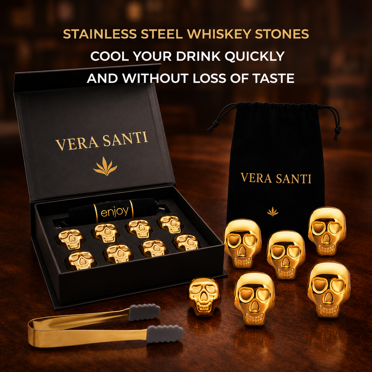 Premium Golden Skull Whisky Stones (Set of 8)