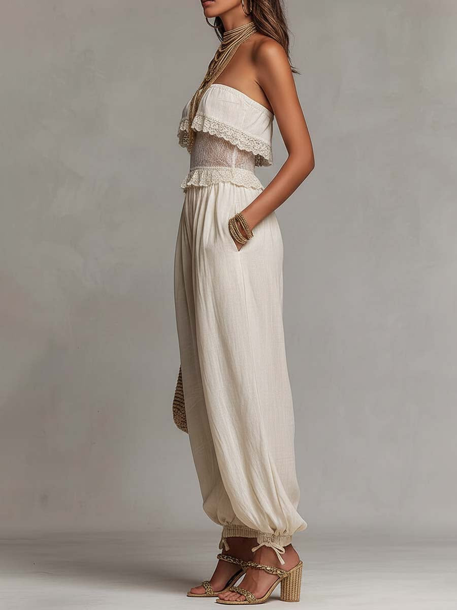 Bohemian Lace & Cotton-Linen Strapless Jumpsuit