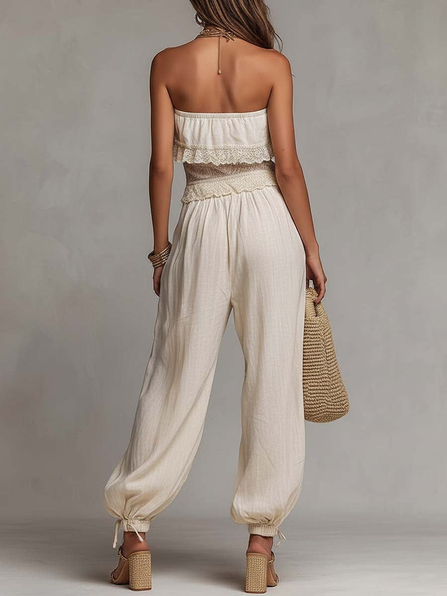 Bohemian Lace & Cotton-Linen Strapless Jumpsuit