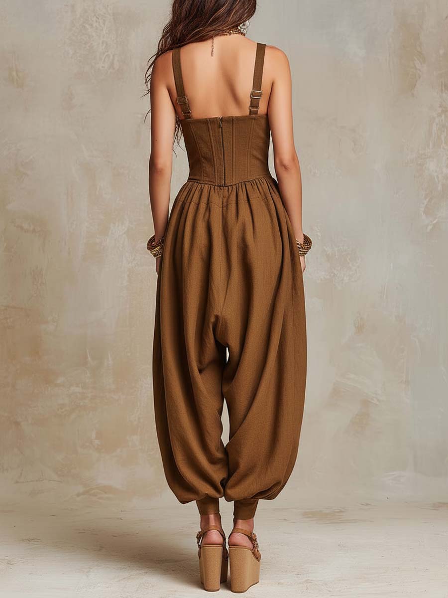 Bohemian  Cotton-Linen Corset Balloon-Leg Jumpsuit
