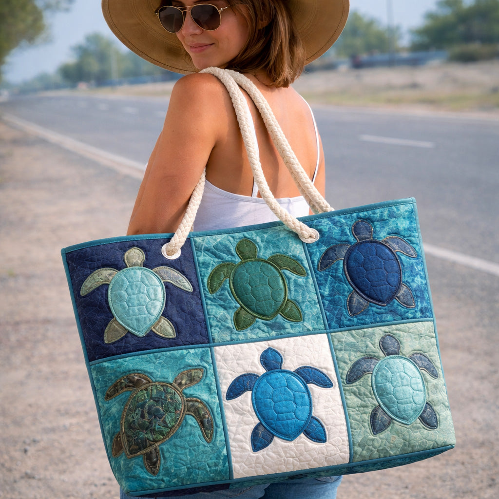 Quilted Turtle Blue Beach Bag