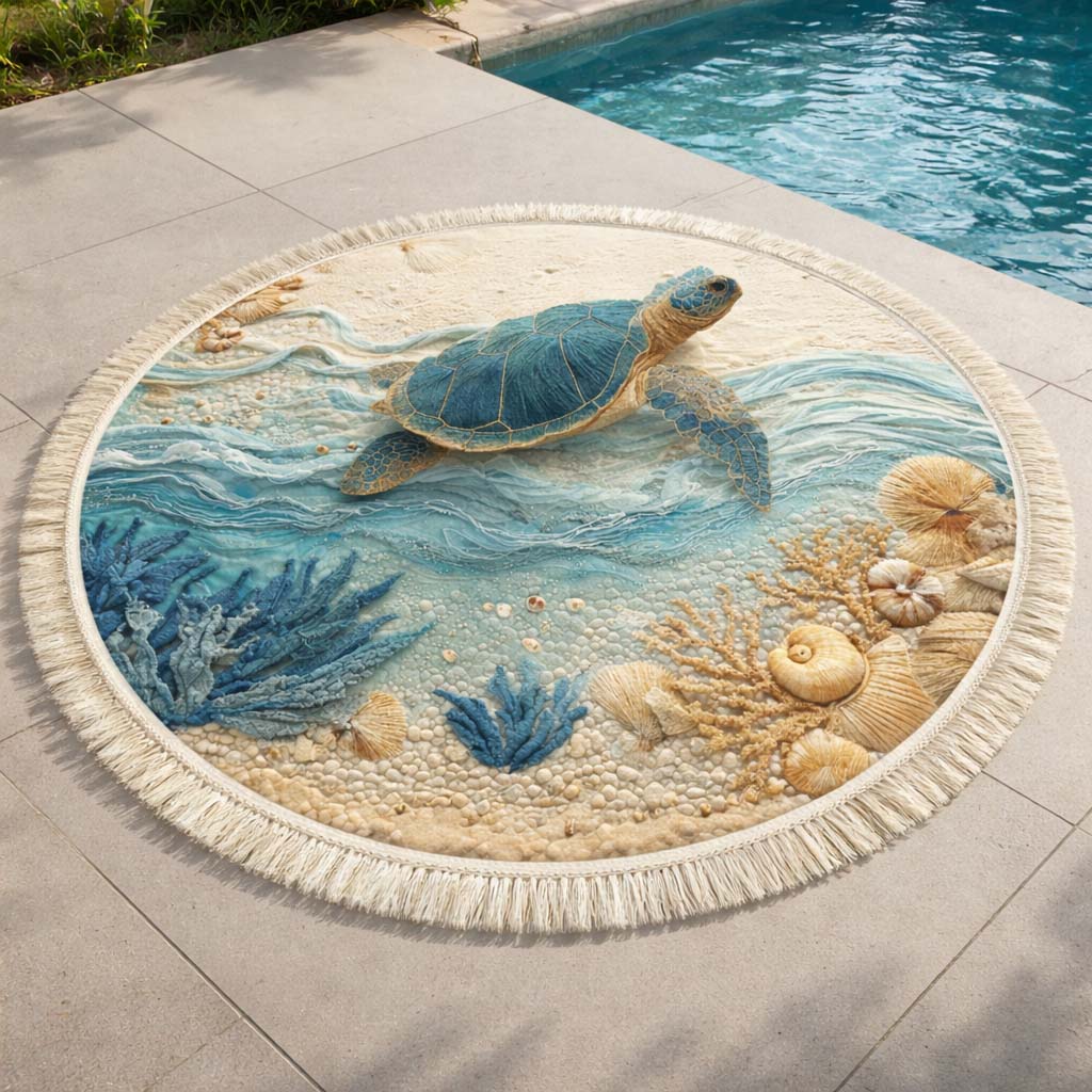 Azure Turtle Round Beach Towel