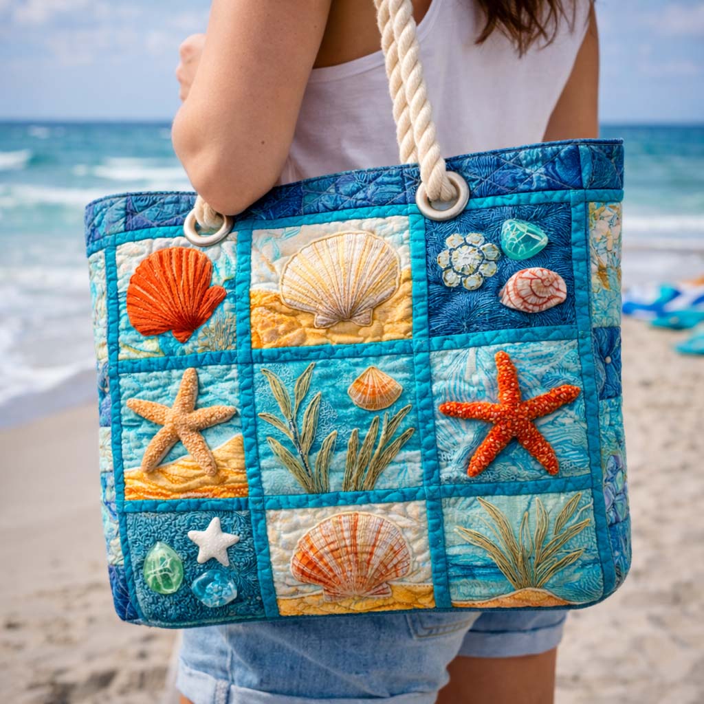 Quilted Beach Bag Coastal Shells