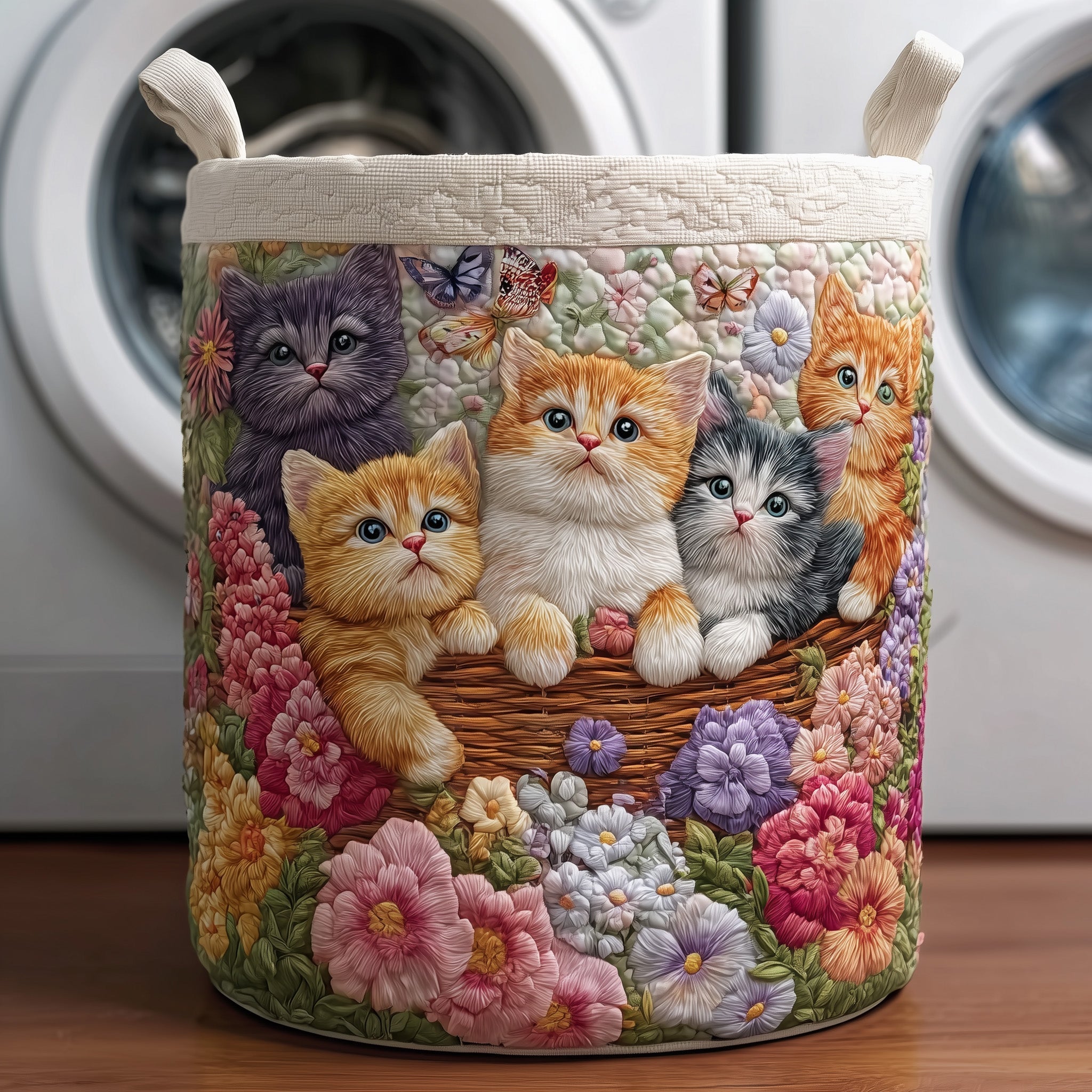 Vintage Quilted Laundry Basket Meow