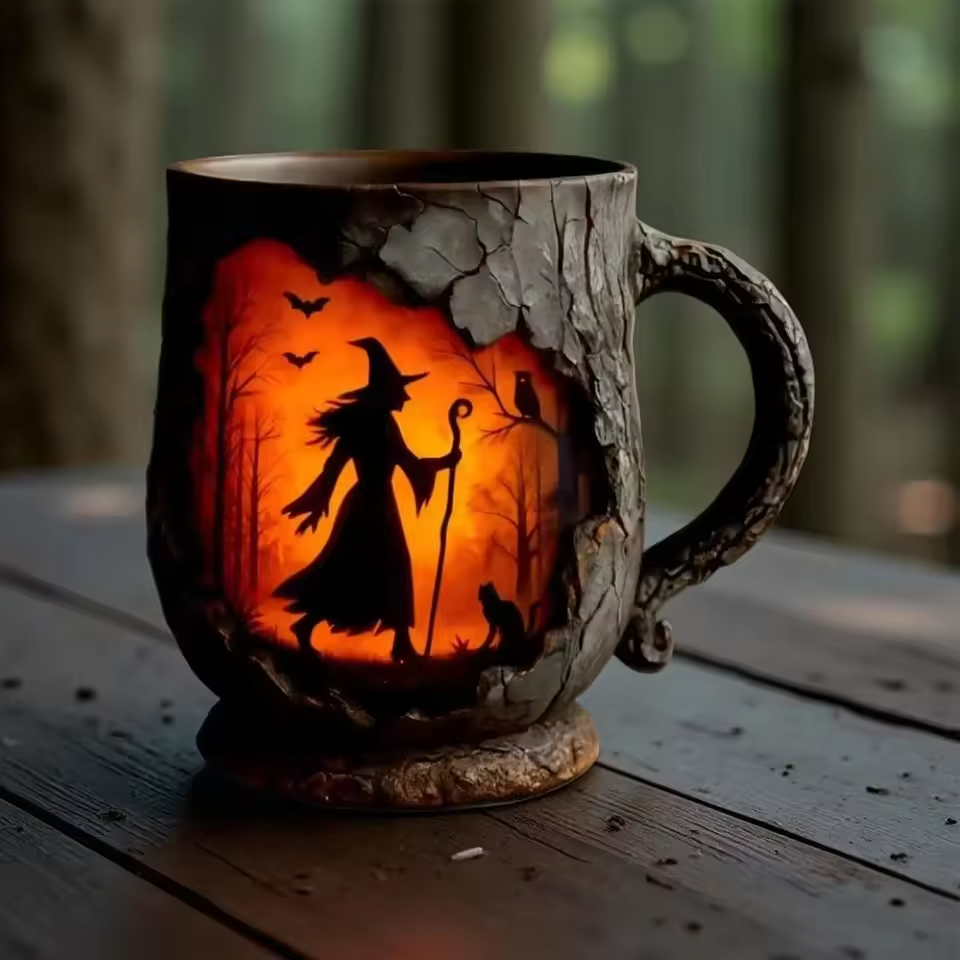 3D Handmade Mug for Halloween: Witch and Cat Design