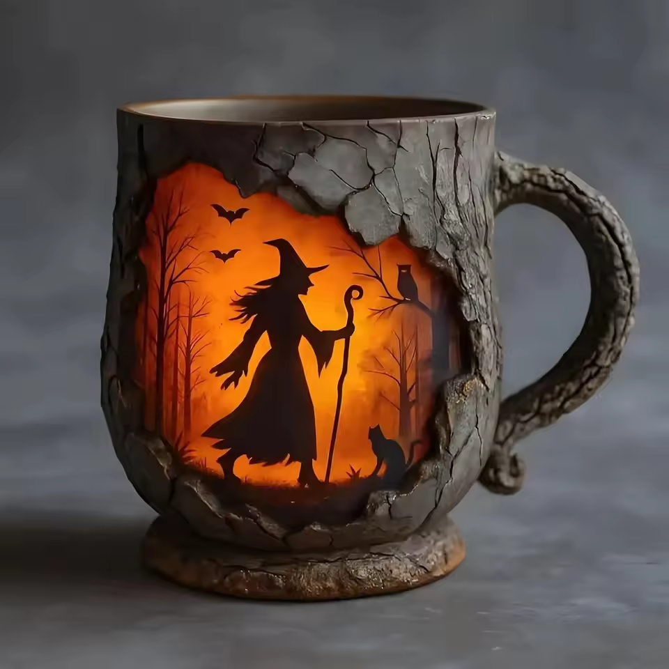 3D Handmade Mug for Halloween: Witch and Cat Design