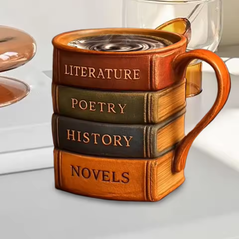 Handmade coffee mug from a library