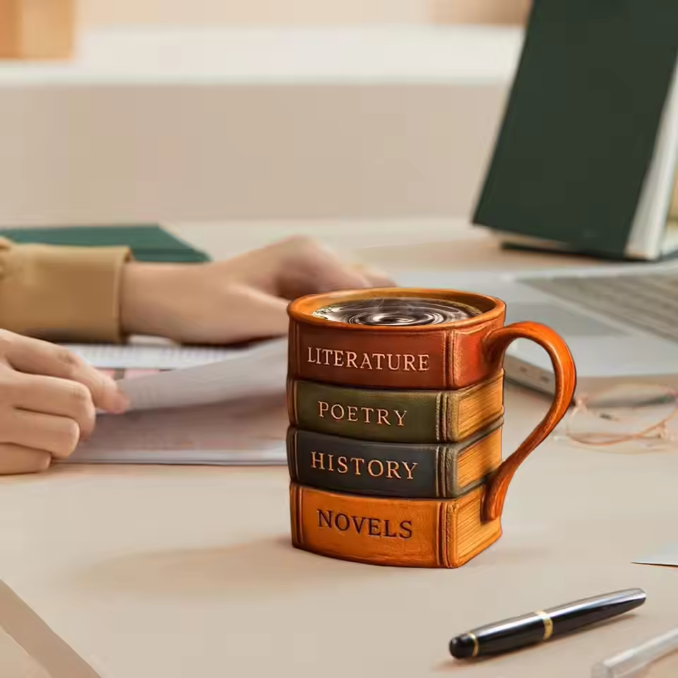 Handmade coffee mug from a library