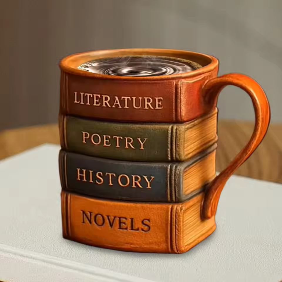 Handmade coffee mug from a library