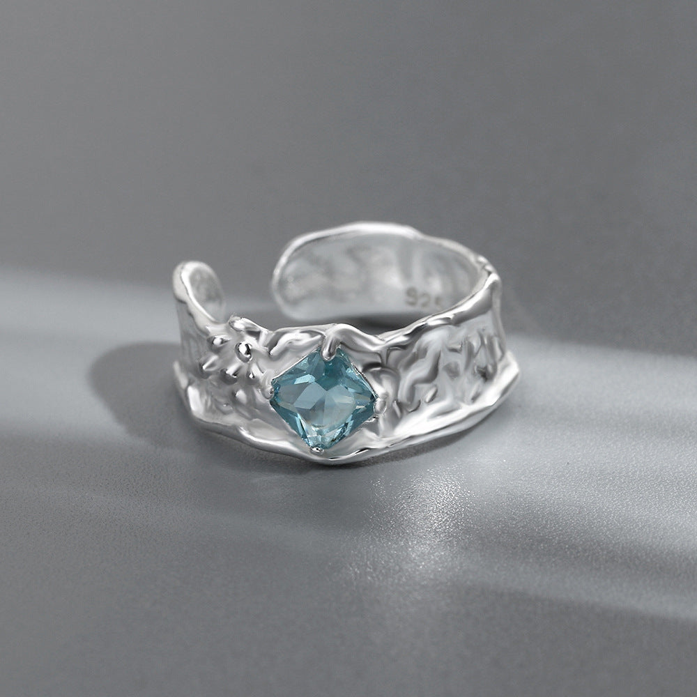 SILVER AQUAMARINE TEXTURED RING - (ADJUSTABLE)