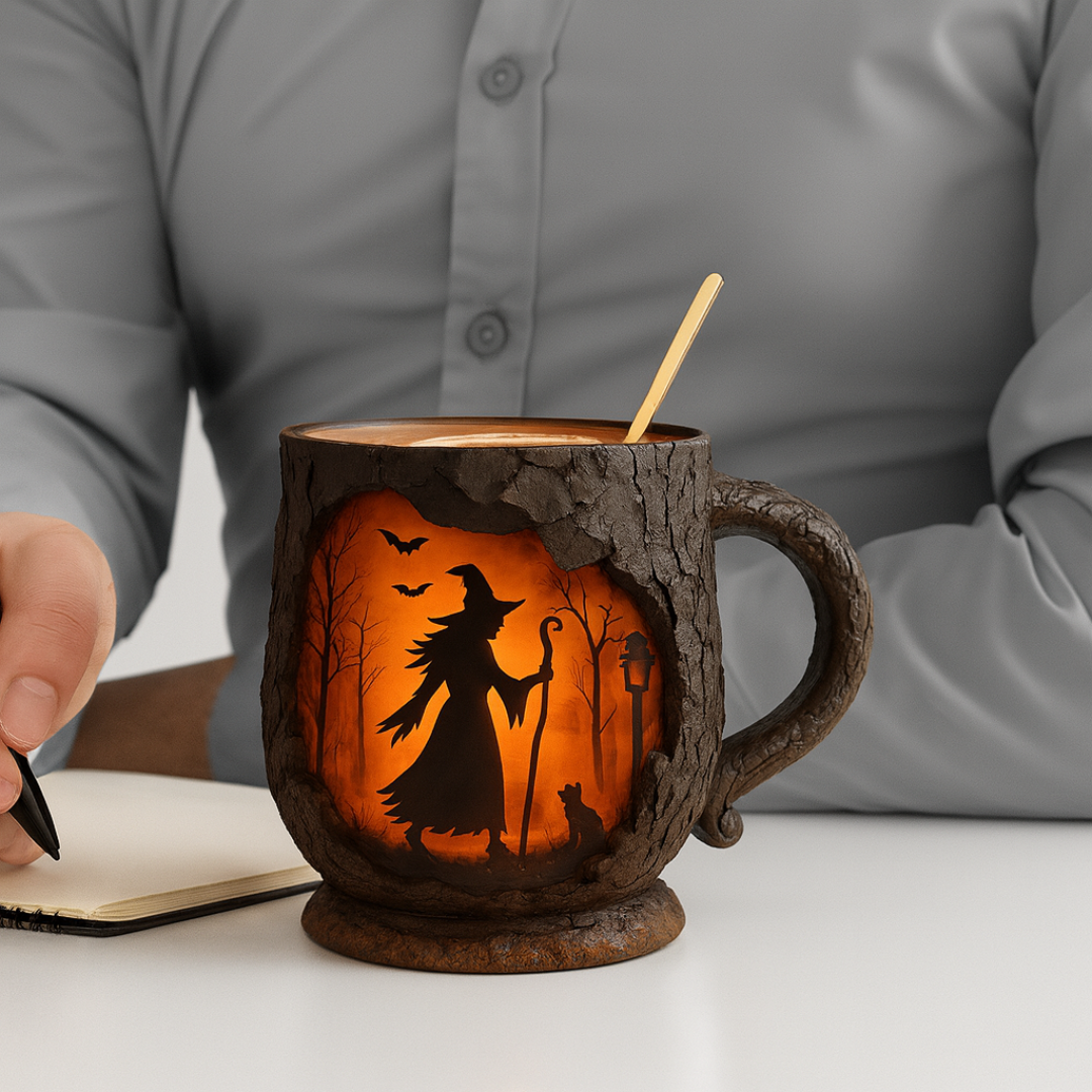 3D Handmade Mug for Halloween: Witch and Cat Design