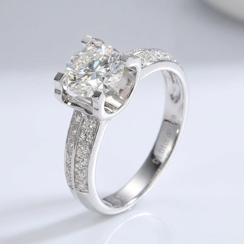 SILVER ROUND DIAMOND PAVE SOLITAIRE RING - (ADJUSTABLE)