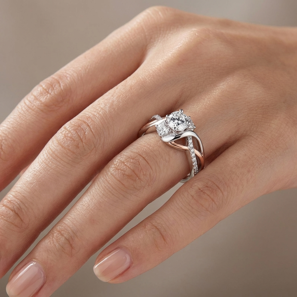 SILVER ROSE GOLD DIAMOND TWIST RING