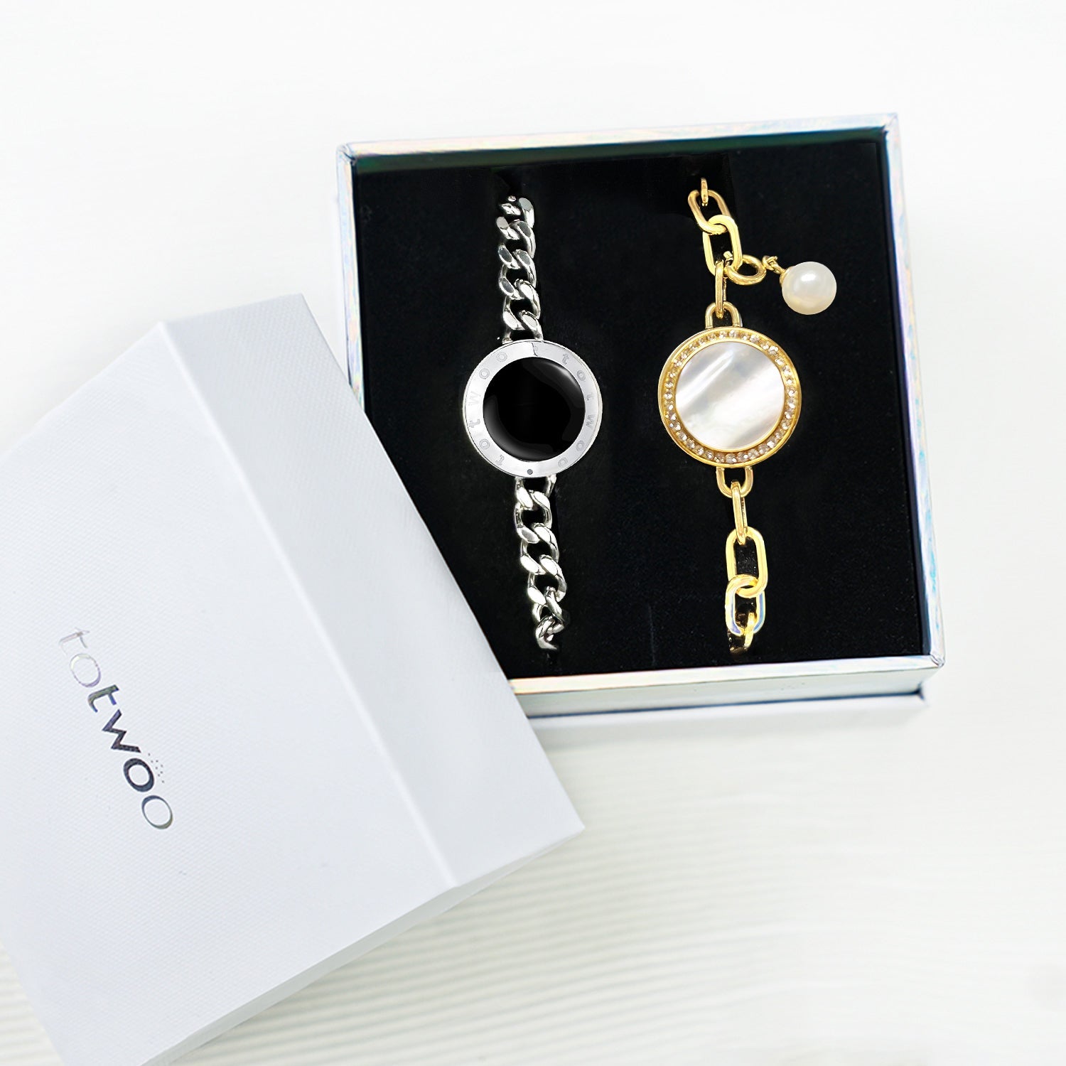 Soulmate 2.0 Touch  Bracelets Set(Silver Cuban Chain+Gold Paperclip Chain）